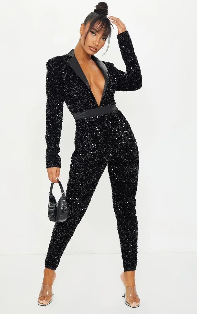 Black Premium Velvet Sequin Plunge Front Tailored Jumpsuit - 5