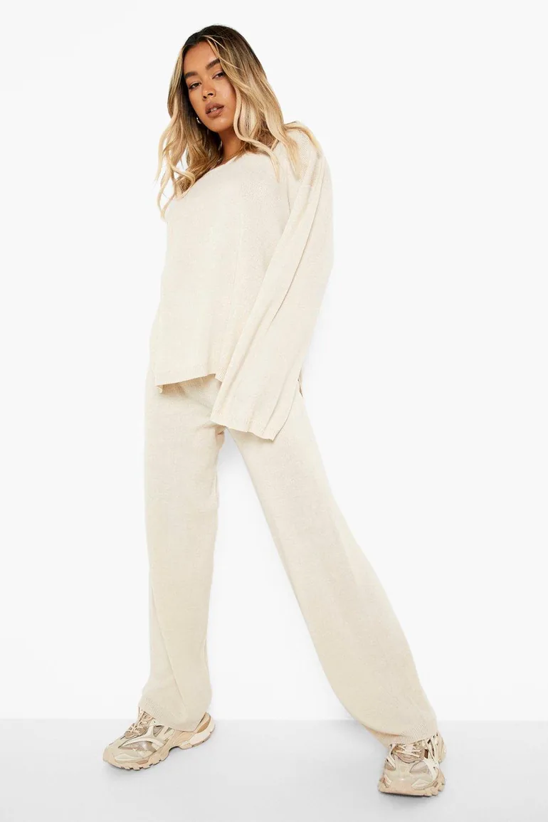 V Neck Wide Leg Knitted Co-ord - stone