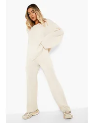 V Neck Wide Leg Knitted Co-ord - stone - 2