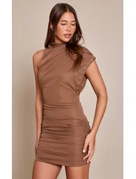 Beige Woven One Shoulder Eyelet Detail Mini Dress - 1