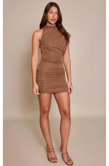 Beige Woven One Shoulder Eyelet Detail Mini Dress