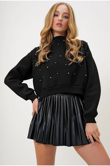 Women's Black Crew Neck Front Pearl Embellished Three Thread Raised Sweatshirt