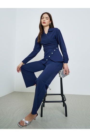 Blue Asymmetric Hem Wrap Top and Pants Co-Ords