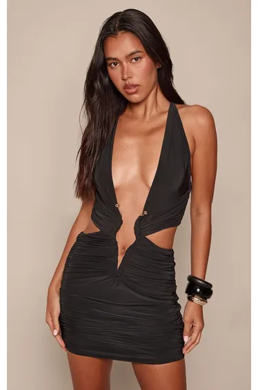 Black Double Layer Cross Front Cut Out Mini Dress