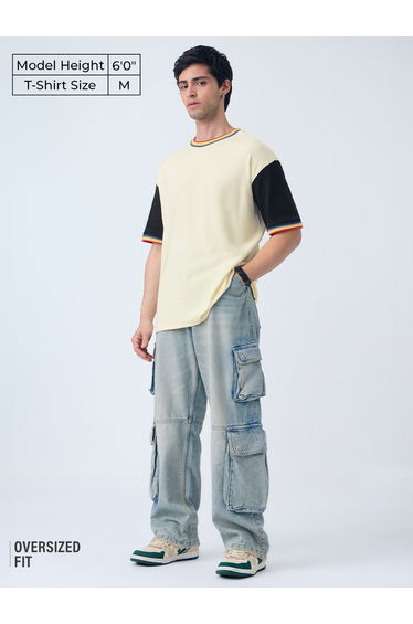 Cream Color Block Sleeve Oversized T-Shirt