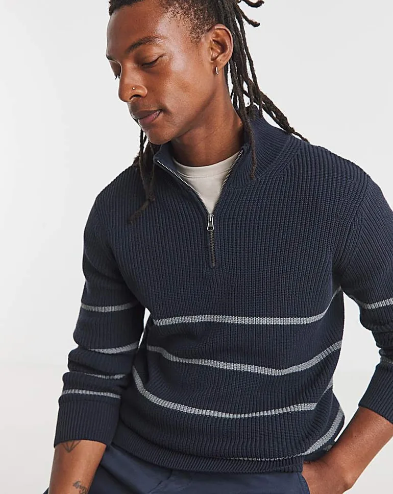 トップス RIGID SEA  COTTON KNIT PULLOVER 4 Fisherman Stripe 1/4 Zip Knitted Jumper Jacamo Navy : Sweaters
