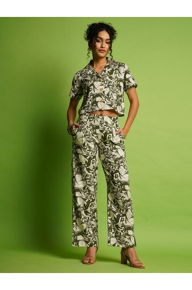 Green Lapel Collar Crop Shirt and Trousers Co-Ords