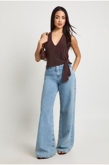 Slinky Knot Tie Halterneck Top - chocolate