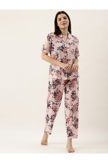 Pink Floral Print Cotton Shirt and Pyjama Set
