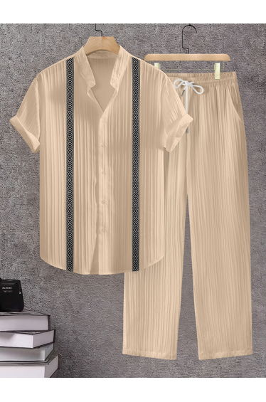 Men Nude Jacquard Stand Collar Short Sleeve Button Front Shirt and Pants Co-Ords