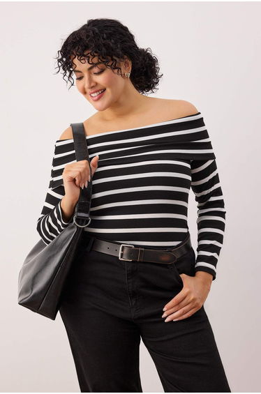 Black striped carmen neck body fitting crop boy knitted plus size blouse