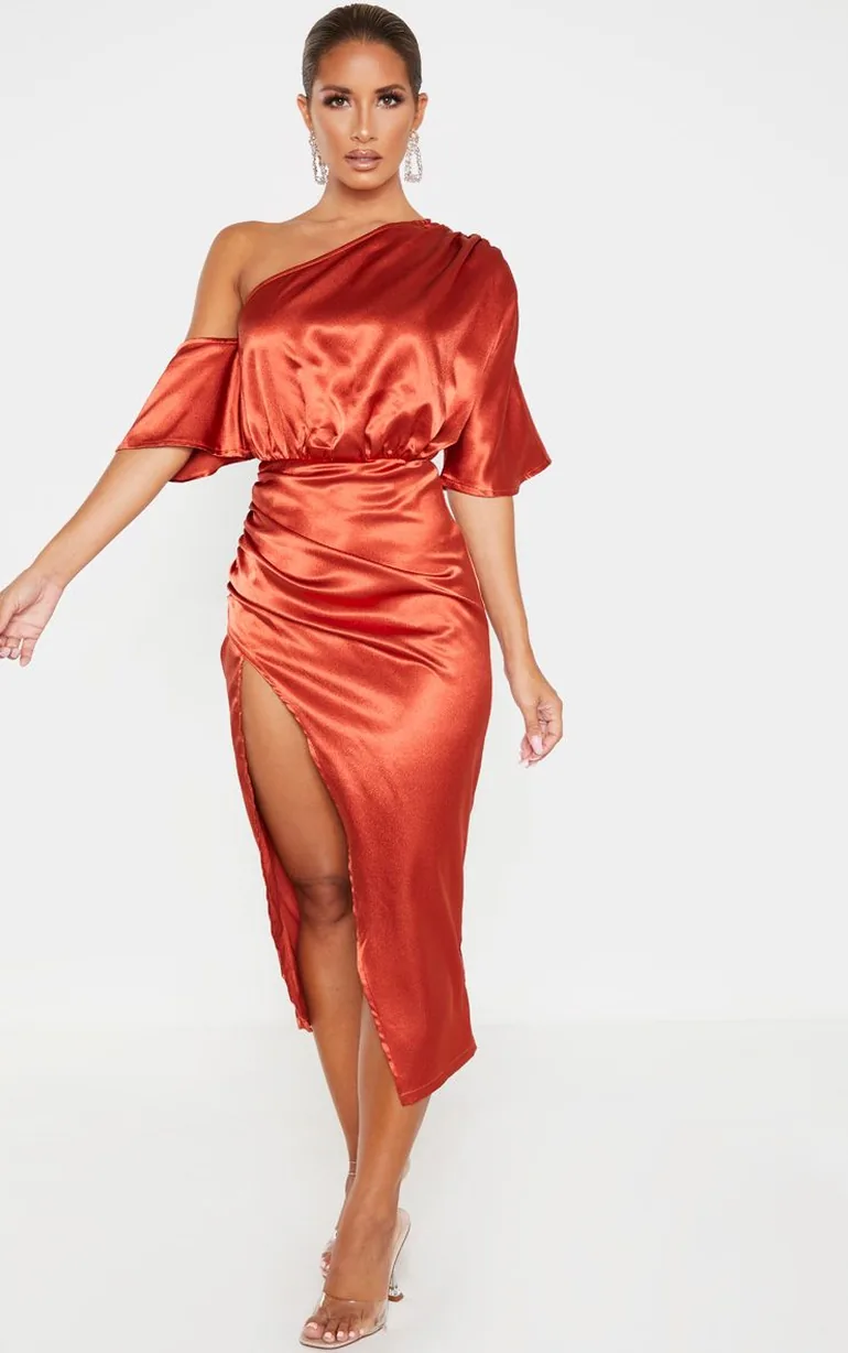 Rust Satin One Shoulder Ruched Skirt Midi Dress - 3