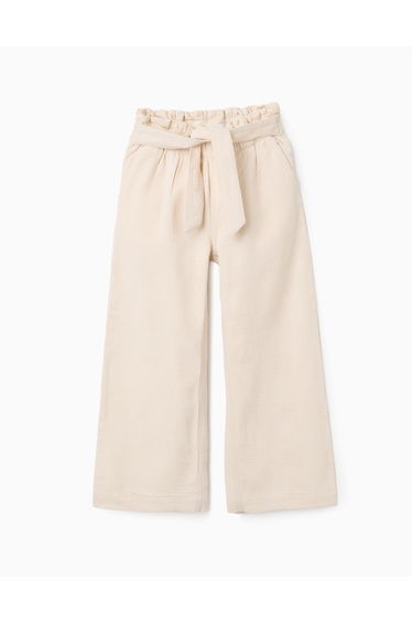 Wide leg dobby cotton trousers with belt for girls light beige