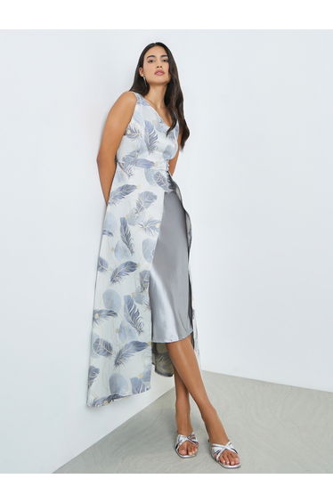 Grey Printed Asymmetric Hem Sleeveless Maxi Dress
