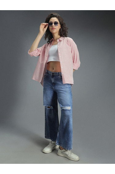 Striped Casual Shirt with High-Low Hem