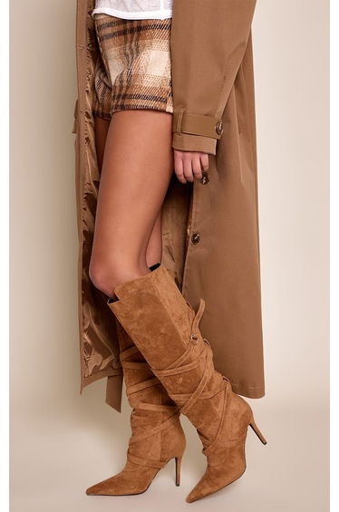 Camel Faux Suede Wrap Around Knee High Boots