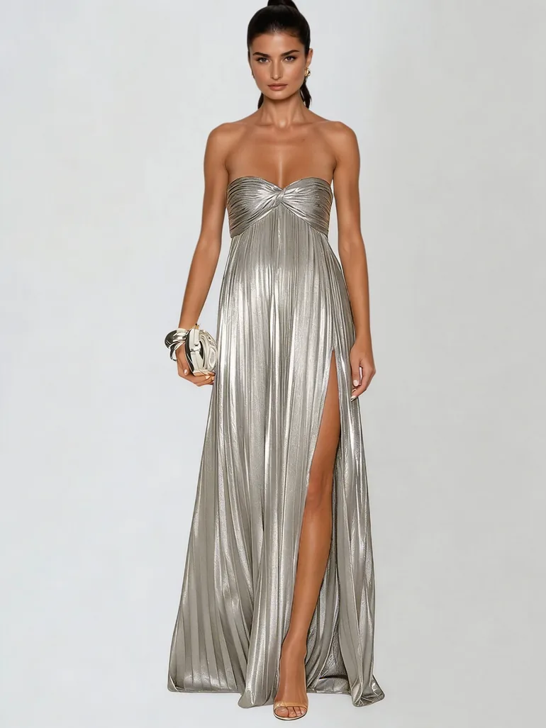 silver metallic strapless dress Strapless Twist Bodice Empire Waist Metallic Maxi Dress