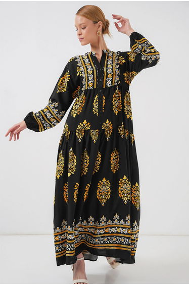 BDART Printed V-Neck Maxi Dress with Button Closure