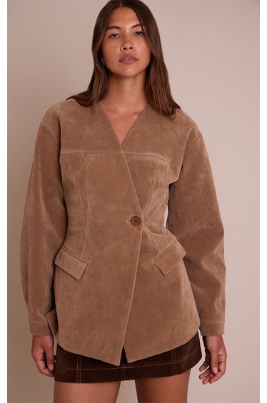 Sand Faux Suede Asymmetric Blazer