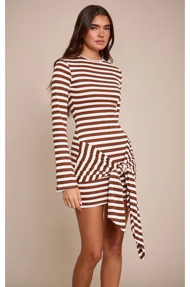 Chocolate Striped Long Sleeve Wrap Detail Bodycon Dress