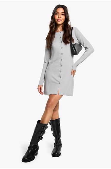 Ribbed Button Down Smock Mini Dress - grey