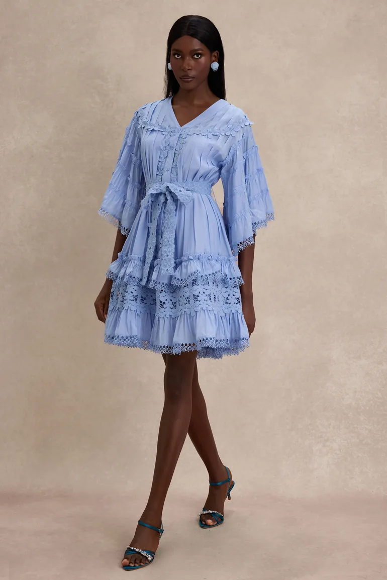 Lace Frill Bell Sleeve Mini Dress - 6