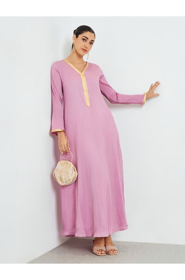 Pink Textured Jalabiya with Lace Trim