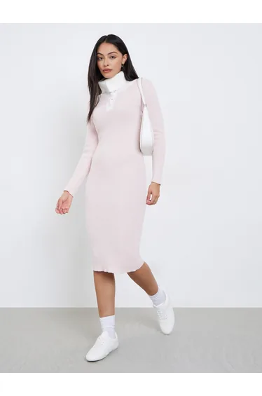 Light Pink Ribbed Knit Sweater Midi Dress