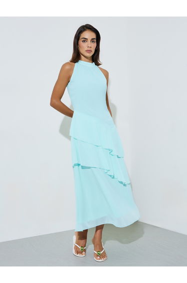 Aqua Sleeveless Ruched A-Line Maxi Dress