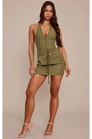 Olive Woven Lace Up Mini Dress