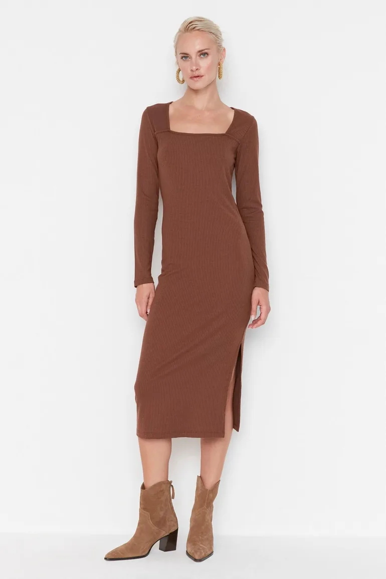 Shop Brown Ribbed Square Neckline Fitted Long Sleeves a Slit Midi Dress  Online in Qatar