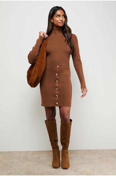 Button Down High Neck Mini Dress