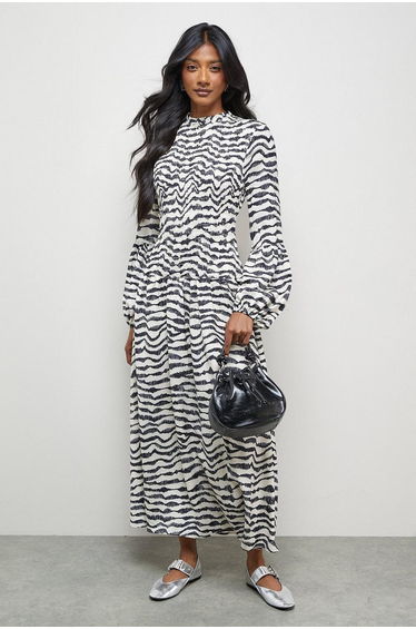 Satin Shirred Bodice Balloon Sleeve Dress