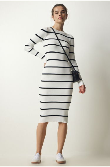 Women's White Ribbed Striped Wrap Sweater Dress