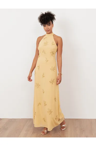 Maya Buttercream Embellished Halter Neck & Open Back Maxi Dress