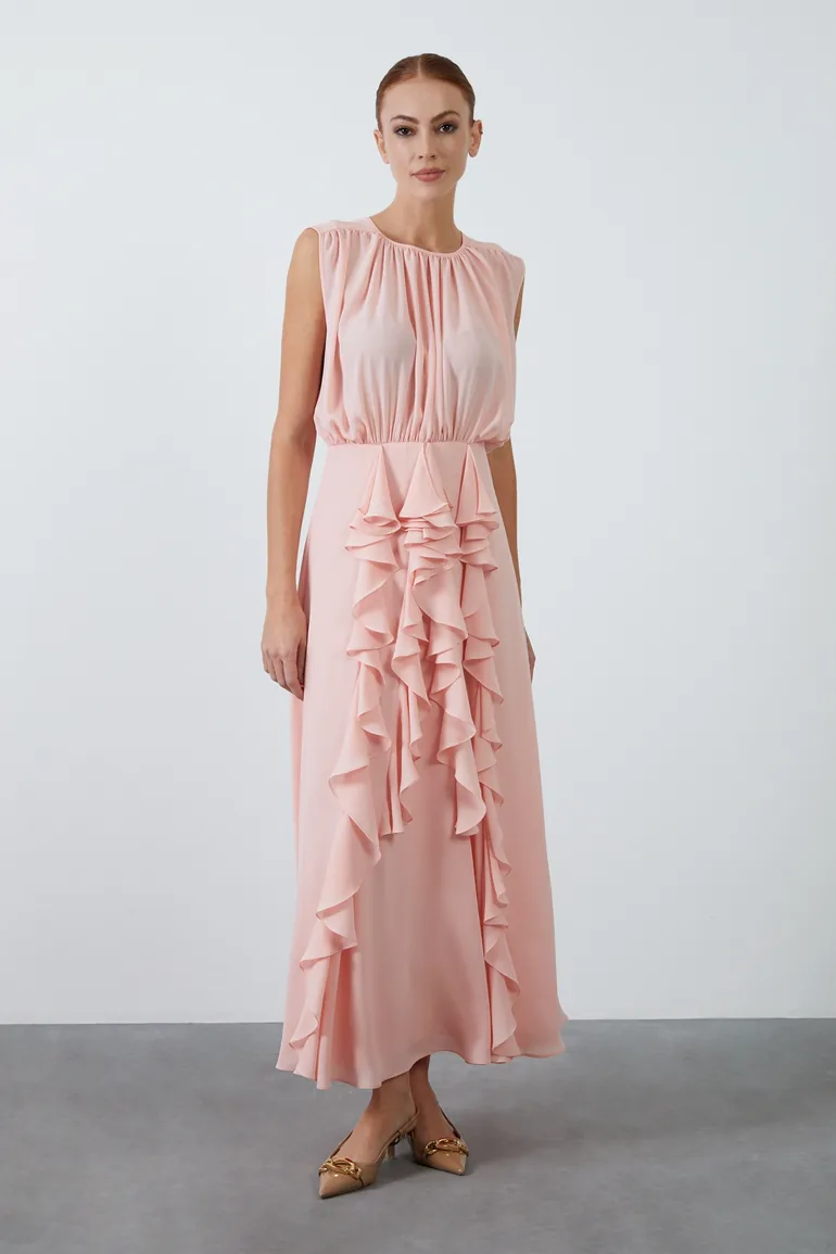 Shop Zero Sleeve Upper Size Gathered Skirt Flounce Detailed Ankle Length Salmon  Color Dress Kiwe Online in Bahrain