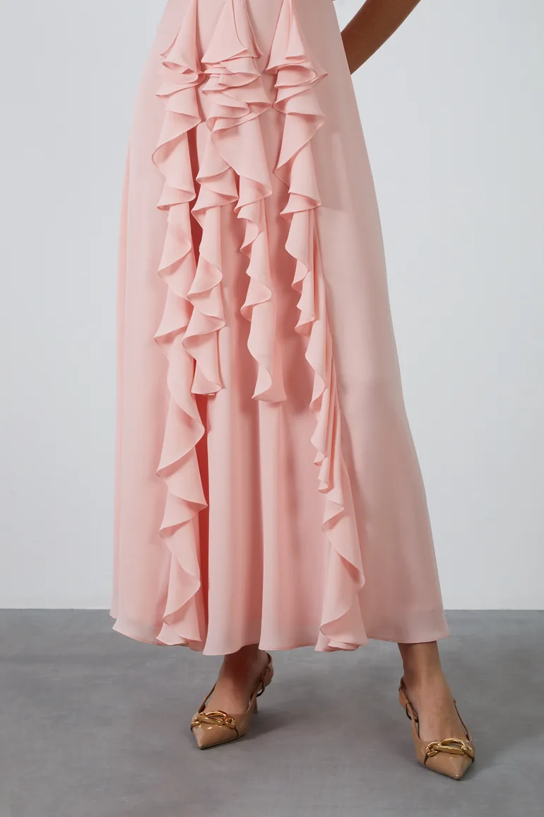 Shop Zero Sleeve Upper Size Gathered Skirt Flounce Detailed Ankle Length Salmon  Color Dress Kiwe Online in Kuwait