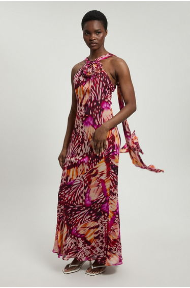 Petite Viscose Georgette Butterfly Print Rosette Halterneck Maxi Dress