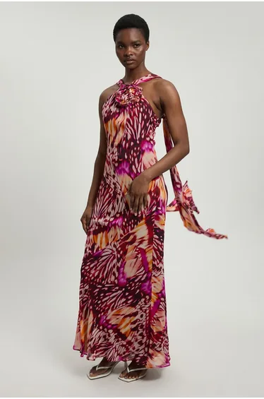 Petite Viscose Georgette Butterfly Print Rosette Halterneck Maxi Dress