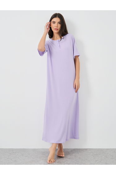 Solid Button Neck Round Neck Nightdress