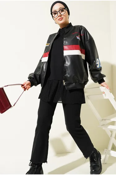 BDART Color Blocked Faux Leather Oversized Bomber Jacket