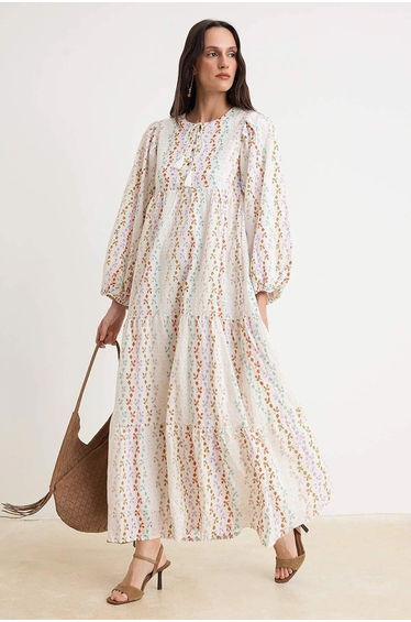 Ecru Lined Colorful Floral Embroidery Brode Detailed Hijab Dress