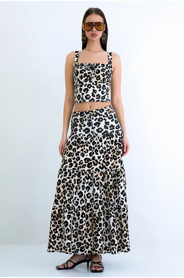 Women's Leopard Tie-Dye Detailed Wrinkled Strap Blouse and Skirt Set