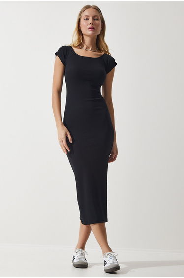 Women's Black Crew Neck Ribbed Knitted Modal Dress