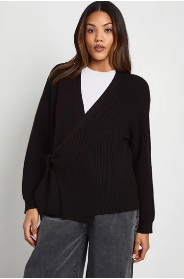 Maternity Side Wrap Knitted Cardigan - black