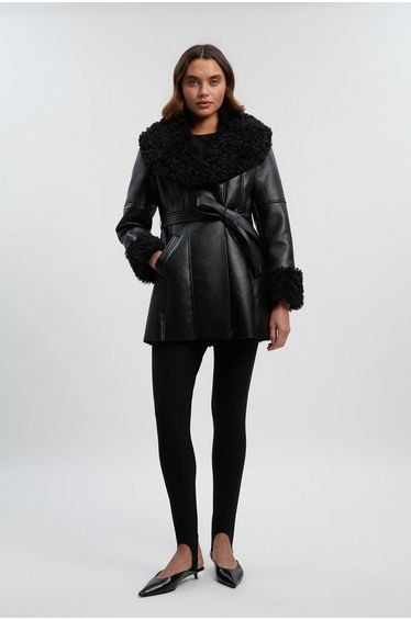 Faux Long Fur Belted Cuff And Collar Coat