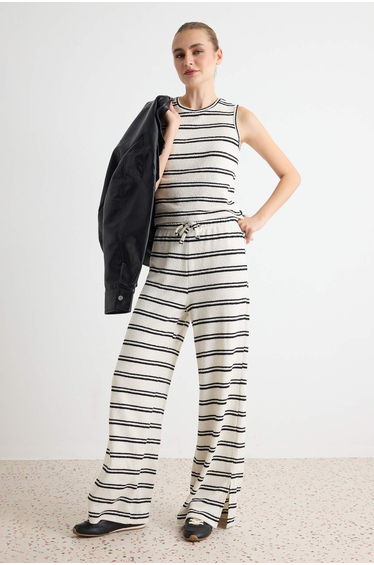 Multi-Colored Striped Regular Sleeveless Tube Leggings Knitwear Look Knitted Bottom - Top Set