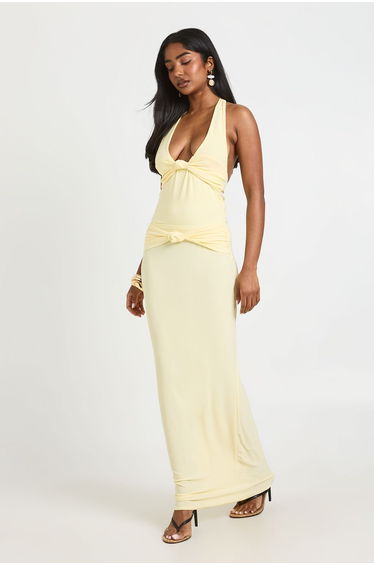 Double Layer Slinky Knot Detail Halterneck Top - lemon