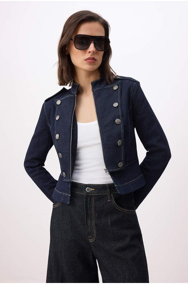 Dark Blue Button Detailed Blazer Denim Jacket