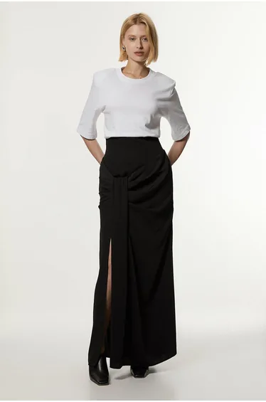 Soft Tailored High Waisted Draped Maxi Skirt
